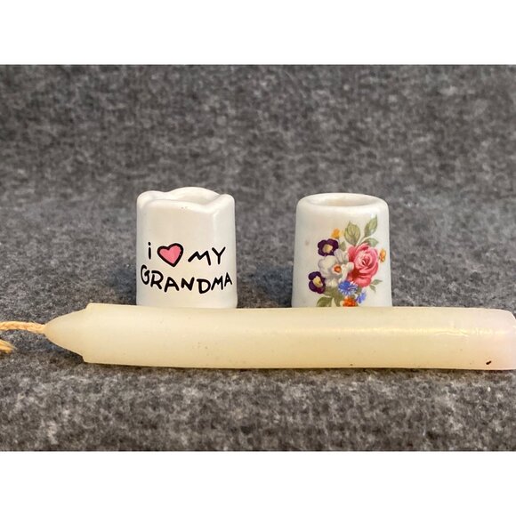 Vintage Ceramic Mini Candle Holders With "I ❤️ My Grandma" Text & Floral Design - Picture 2 of 9